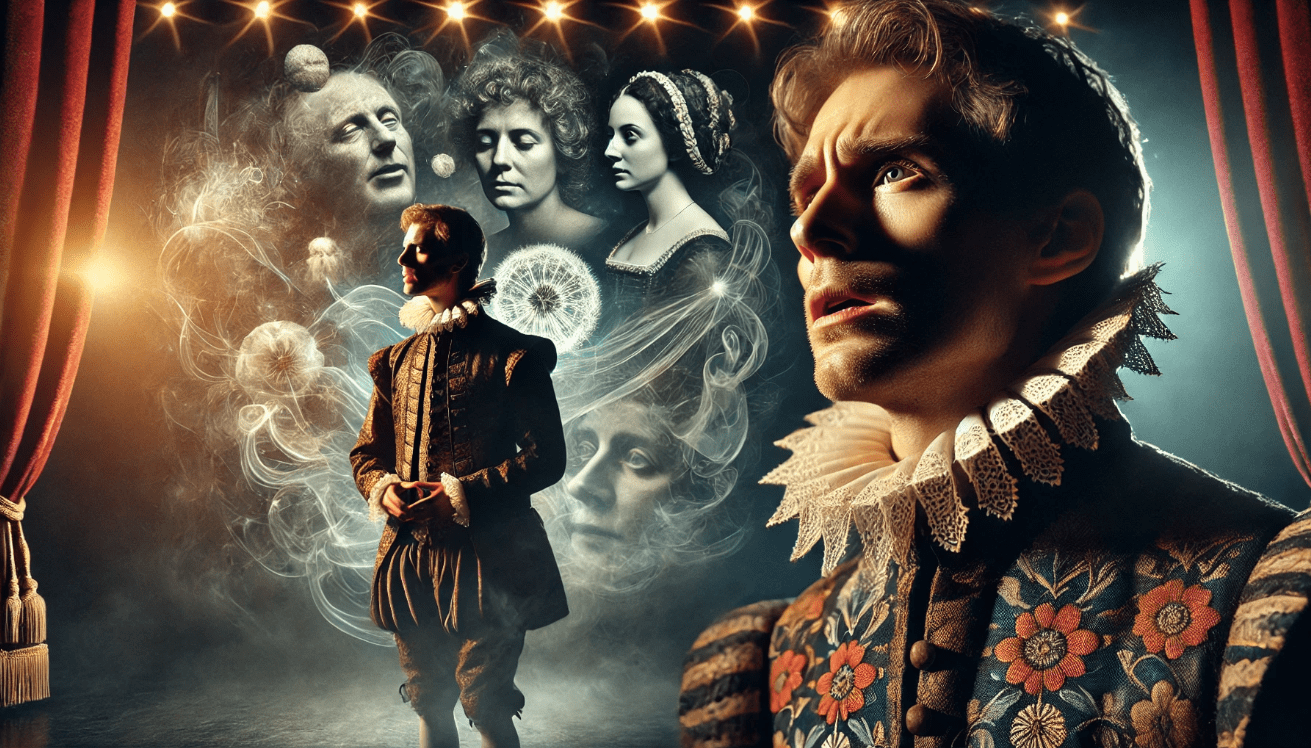 Close-up cinematic illustration of an actor on stage during a Shakespearean soliloquy