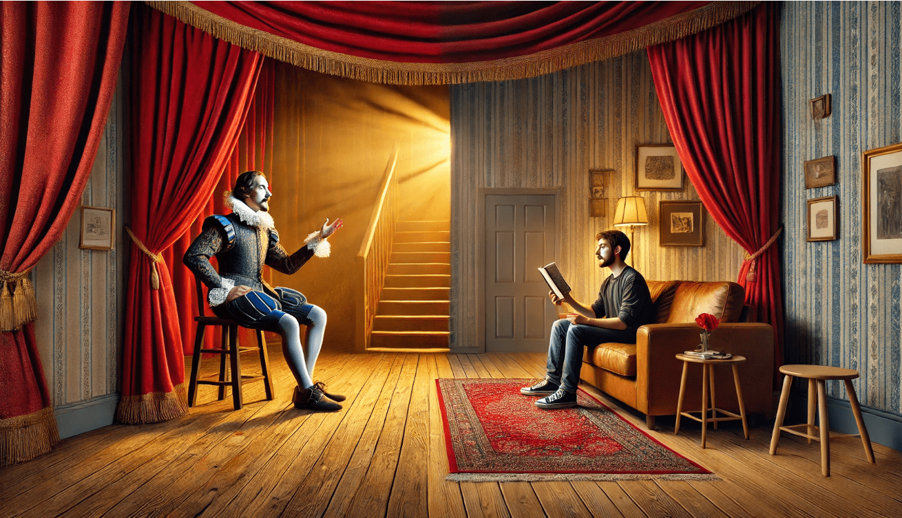 A blended scene showing the evolution of soliloquies: on the left