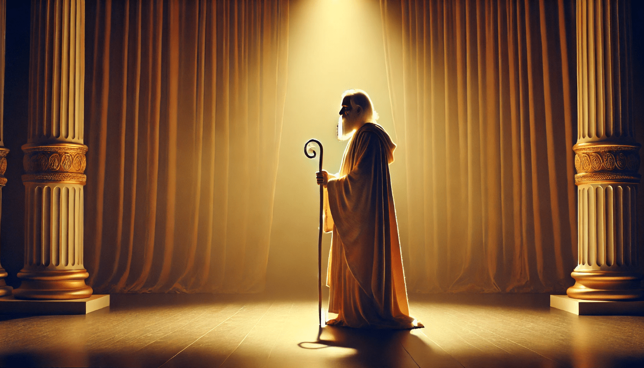 An older, Prospero-like man stands alone on a softly lit theater stage