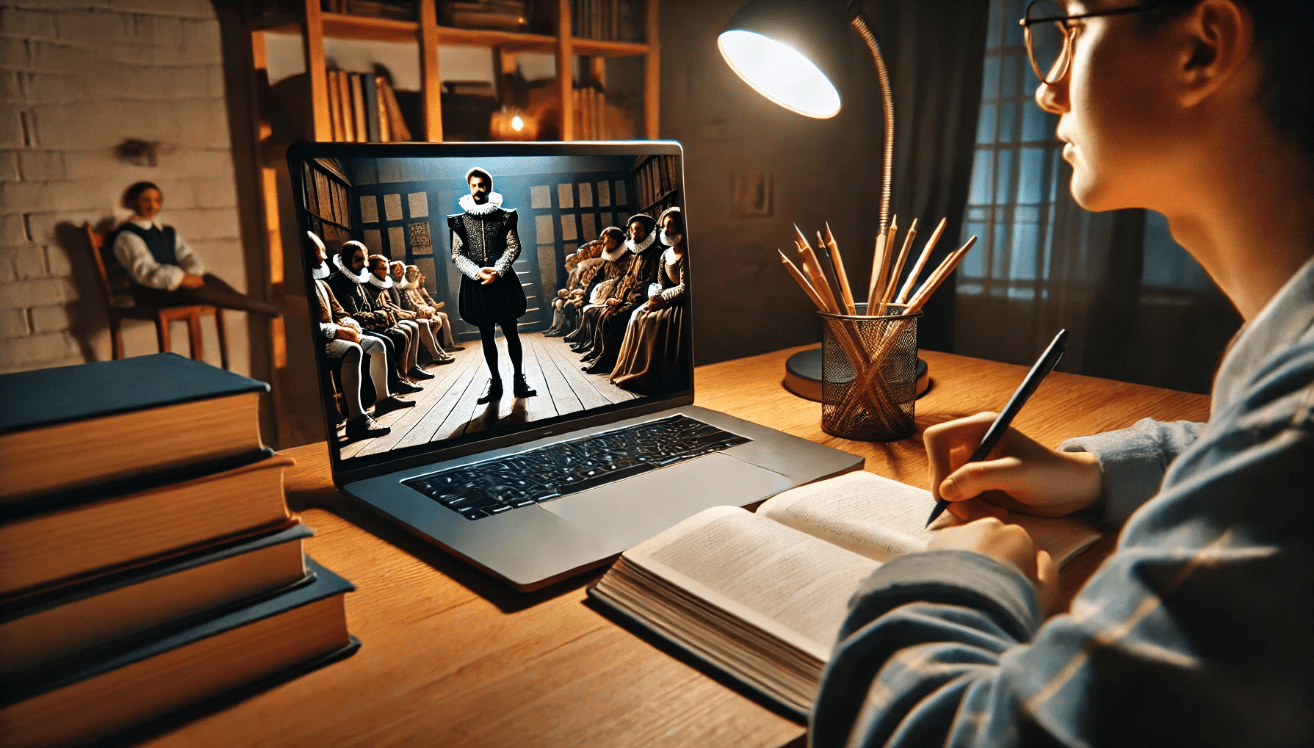 Focused high school student studying Shakespearean drama with a laptop