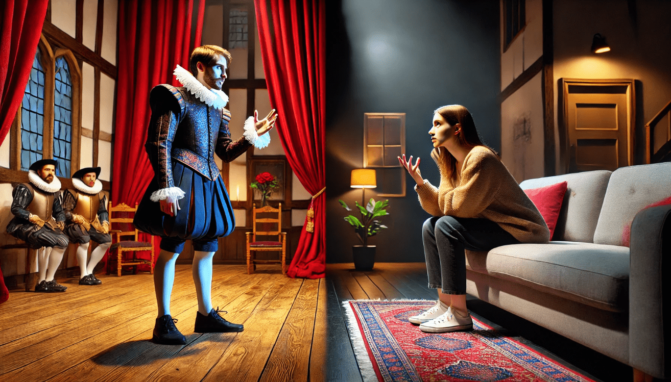 Split-screen showing a Shakespearean actor delivering a soliloquy on a classical theater stage beside a modern woman speaking directly to a camera in a contemporary living room
