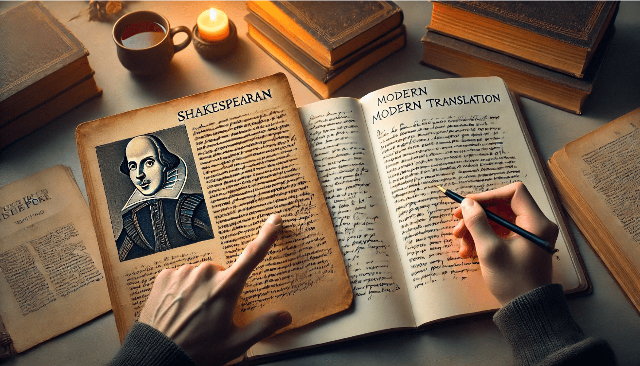 Side-by-side view of an old Shakespearean text and a modern English notebook translation