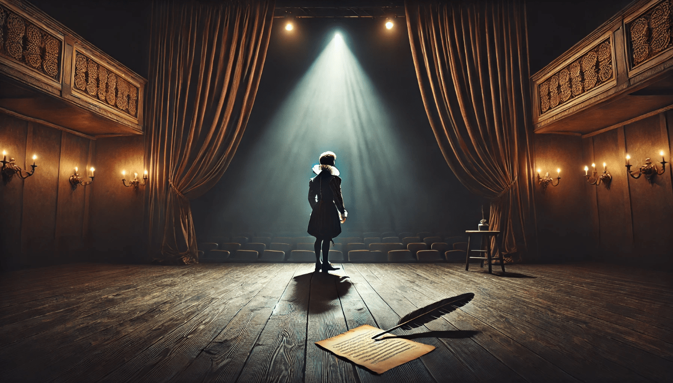 An actor in Elizabethan costume stands alone on a dimly lit theater stage under a spotlight, with a quill and old script pages resting at the edge