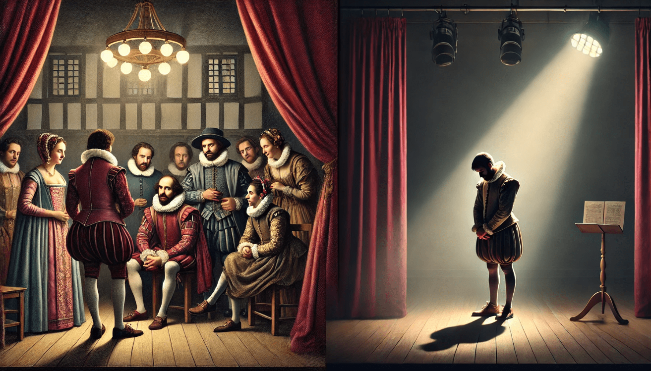 A side-by-side scene on a Shakespearean stage: on the left