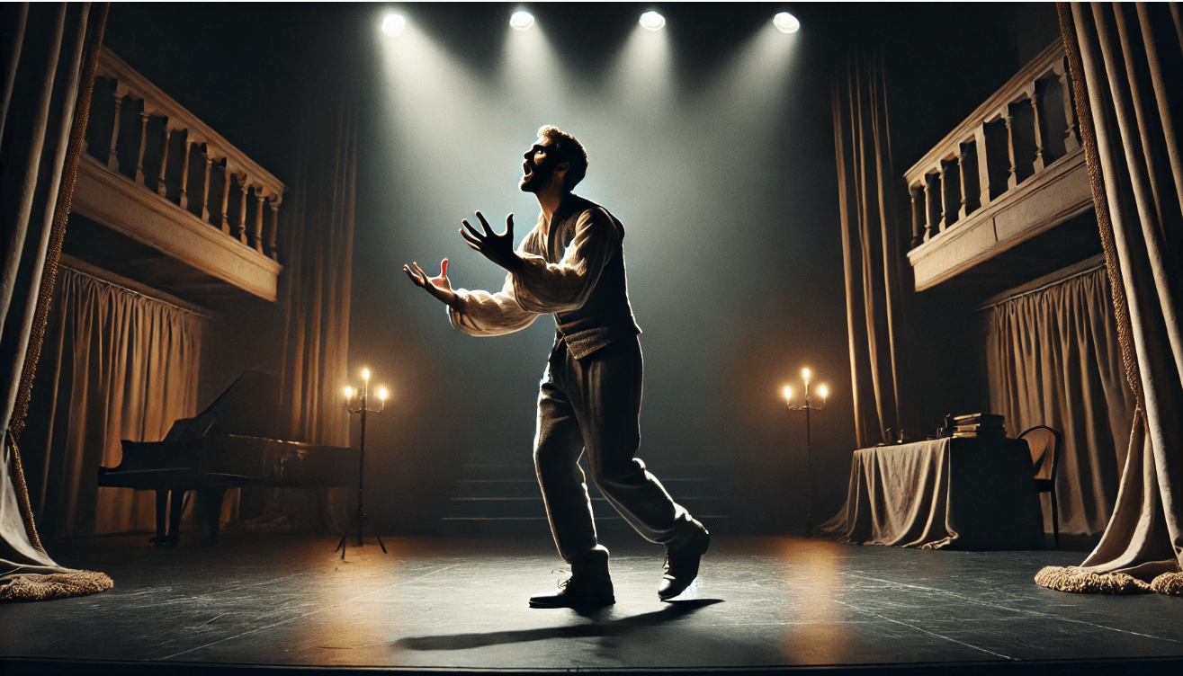 An actor stands alone on a dimly lit stage, illuminated by a single spotlight