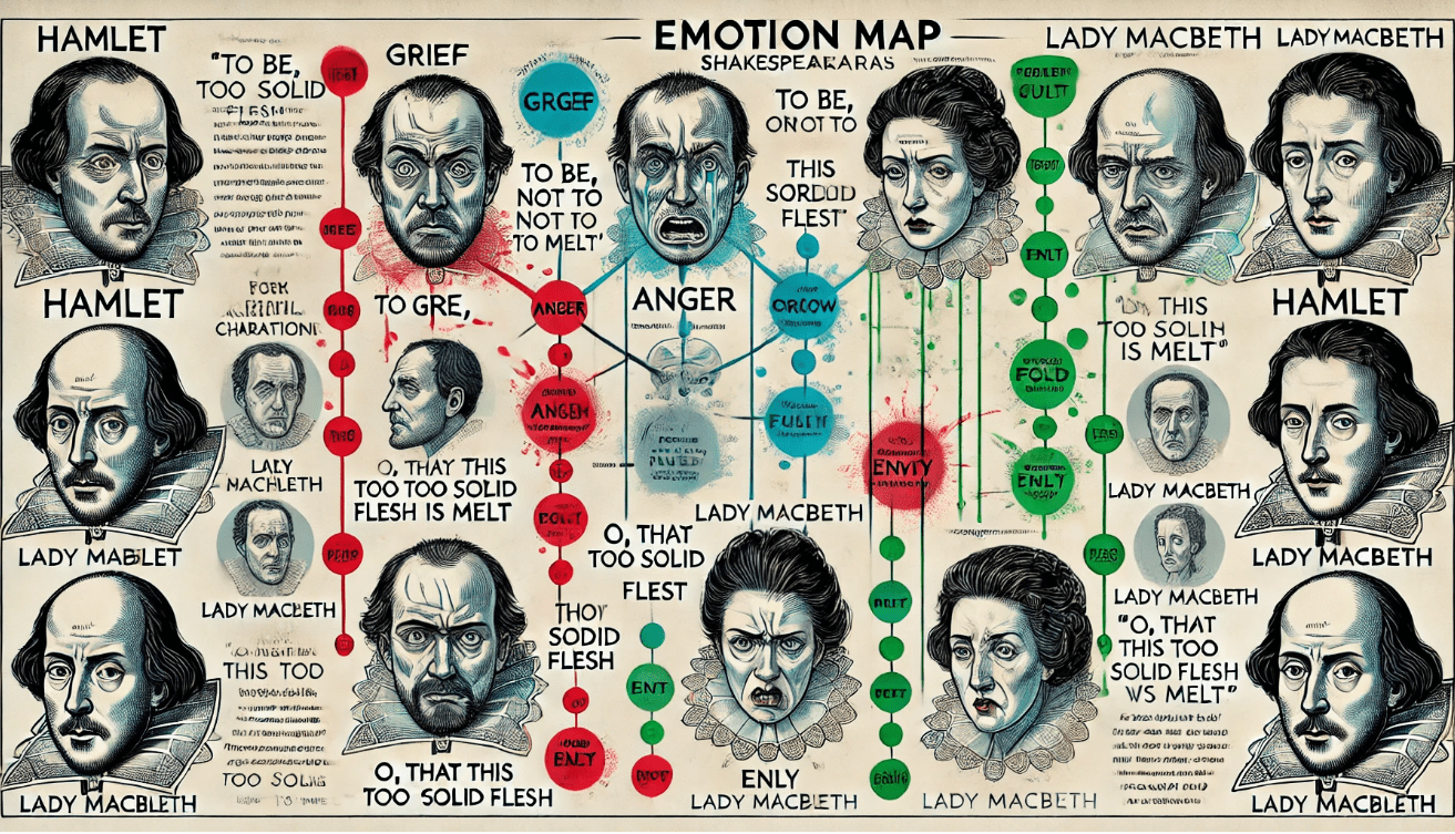 An infographic-style illustration mapping the emotional journeys of two Shakespearean characters