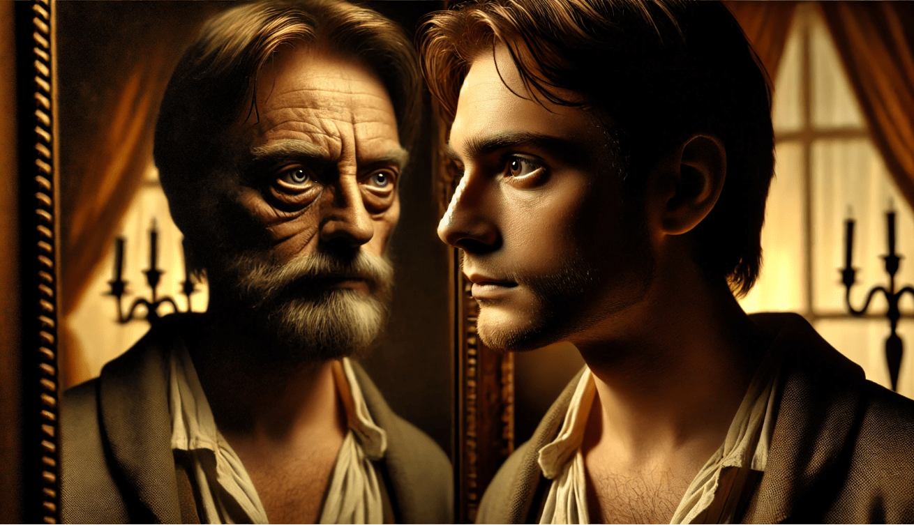 A close-up of a thoughtful character with short