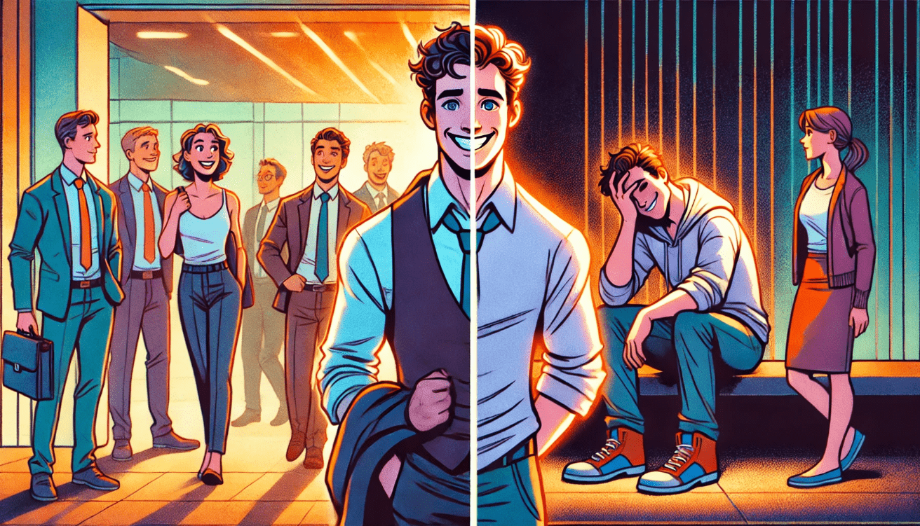 A split-scene illustration of the same character in two moods