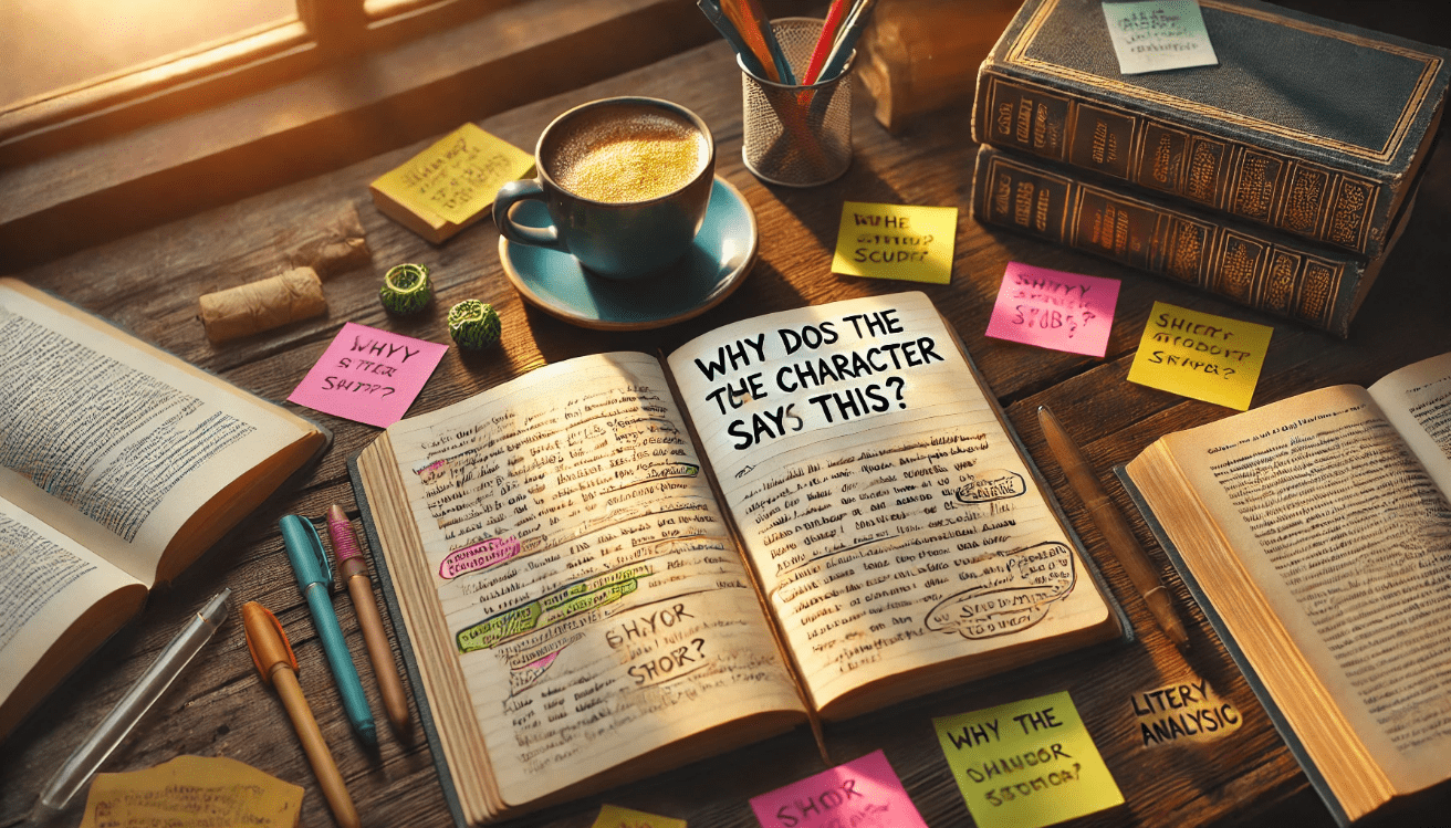 An open notebook lies on a wooden desk, with the handwritten question “Why does the character say this?” in the center
