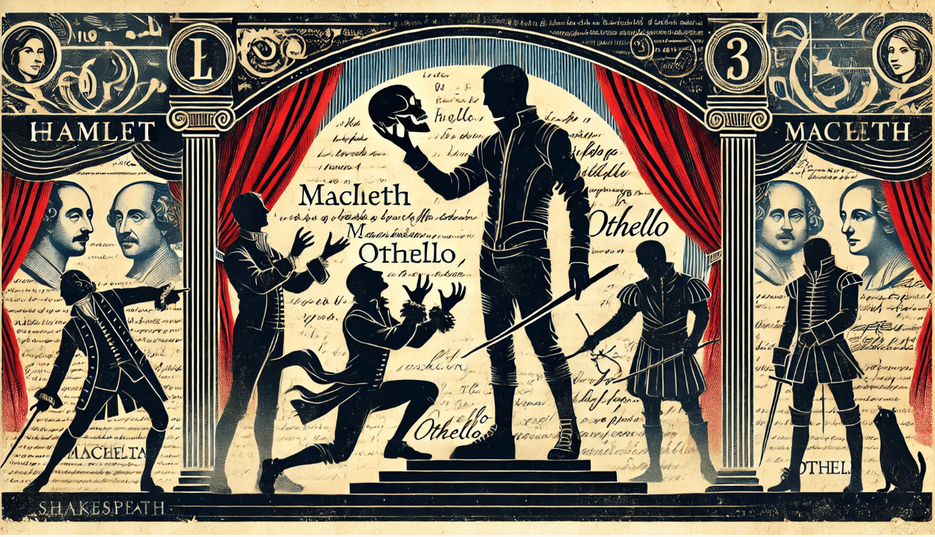 A stylized collage of Shakespearean character silhouettes on a parchment-textured background