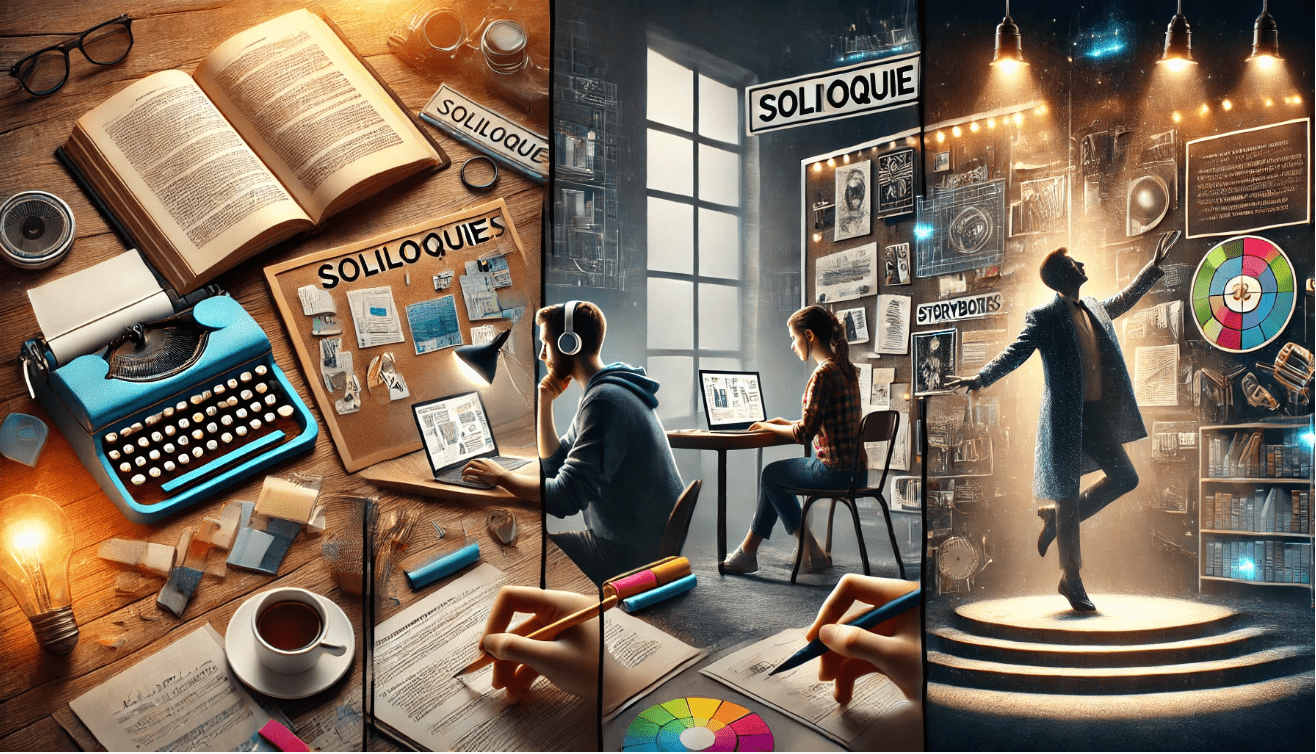 A triptych-style image. On the left, a focused student annotates a book with colorful notes
