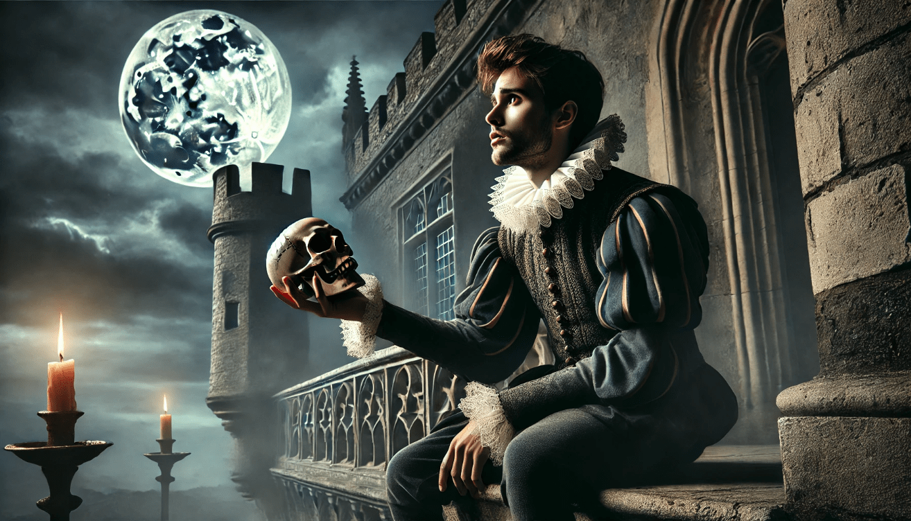 Young man in Elizabethan attire sitting on a castle balcony at night