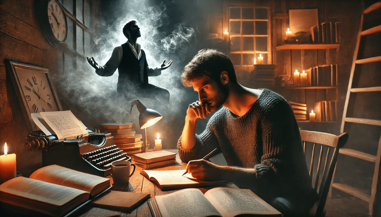 In a warmly lit, intimate study, a writer sits at a cluttered desk