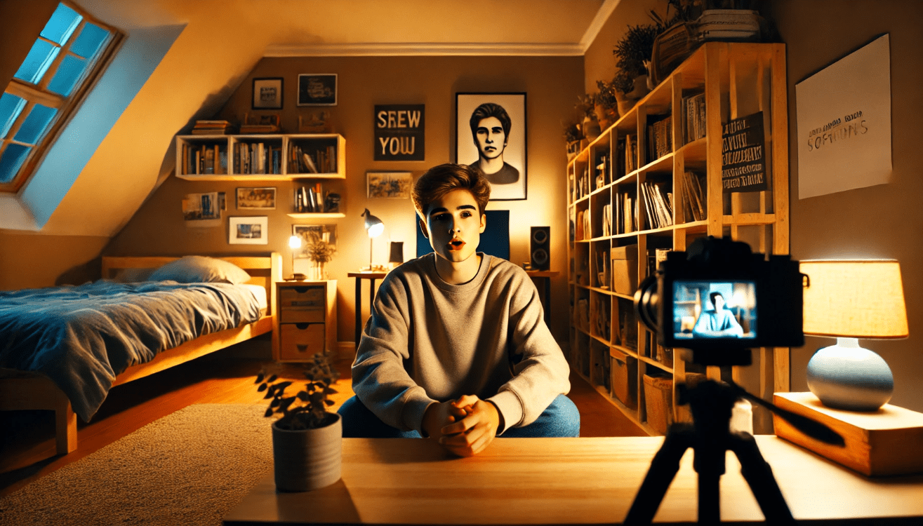 A young person sits alone in a cozy, dimly lit bedroom, recording a vlog while speaking sincerely to the camera