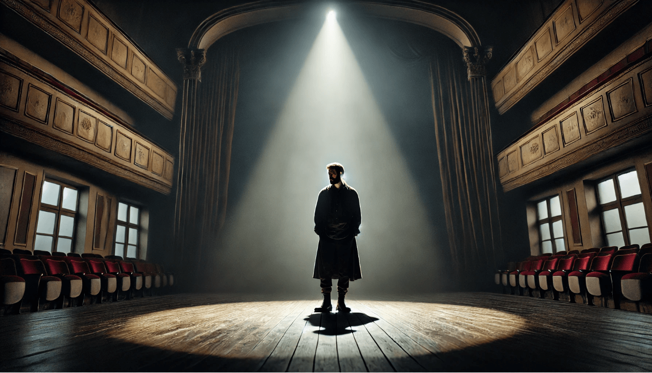 A lone actor stands center stage in a dimly lit, timeless theater
