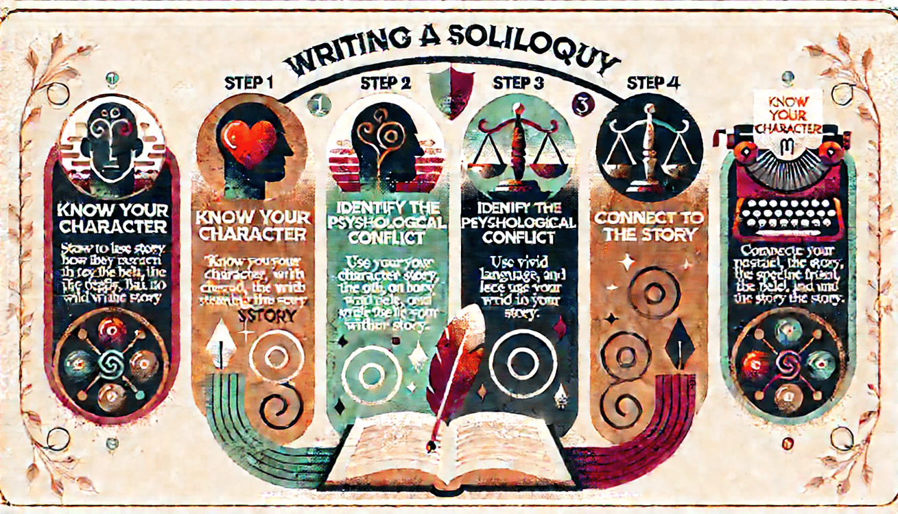 A clean, modern infographic with four steps to writing a soliloquy