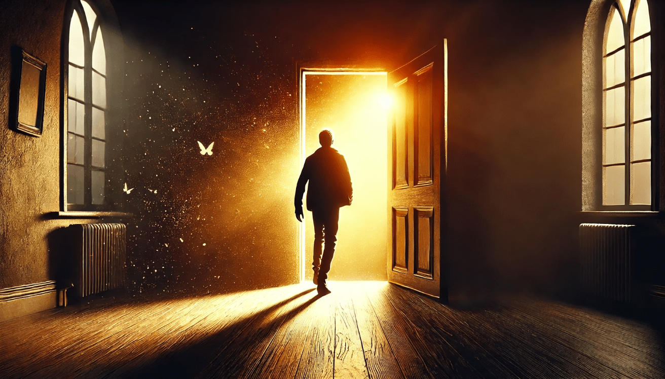 A symbolic scene showing a lone character stepping from deep shadow into a golden