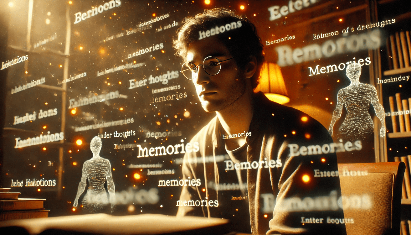 A fictional character sits alone in a dimly lit room, head bowed in thought