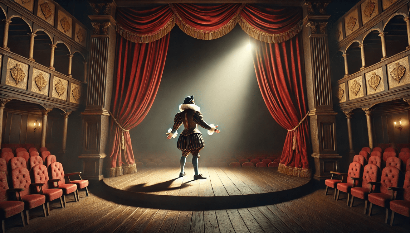 A dimly lit classical theater stage with rich wooden flooring and dramatic crimson curtains framing the background