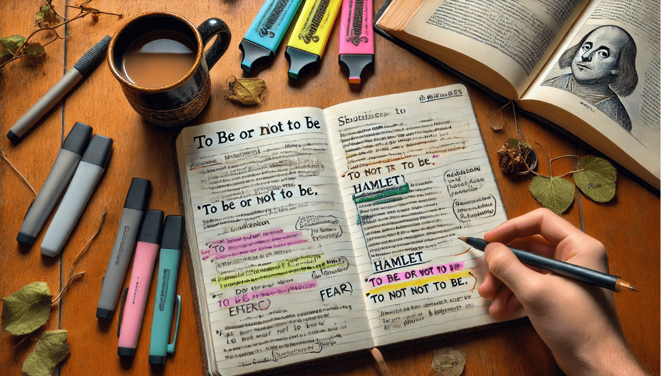 A flat lay of an open notebook on a wooden desk