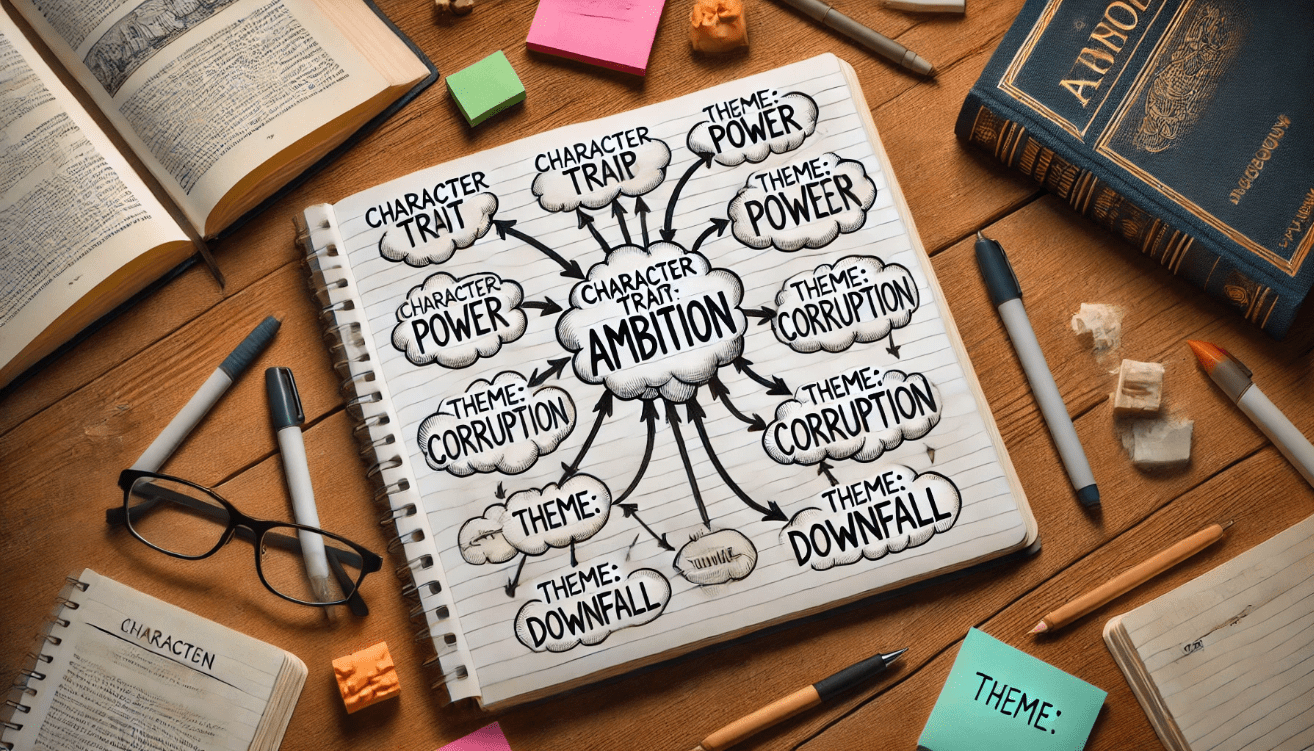 An overhead view of a wooden desk with an open notebook at the center