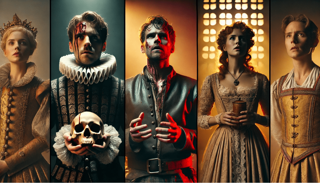 A theatrical split-screen portrait in widescreen format