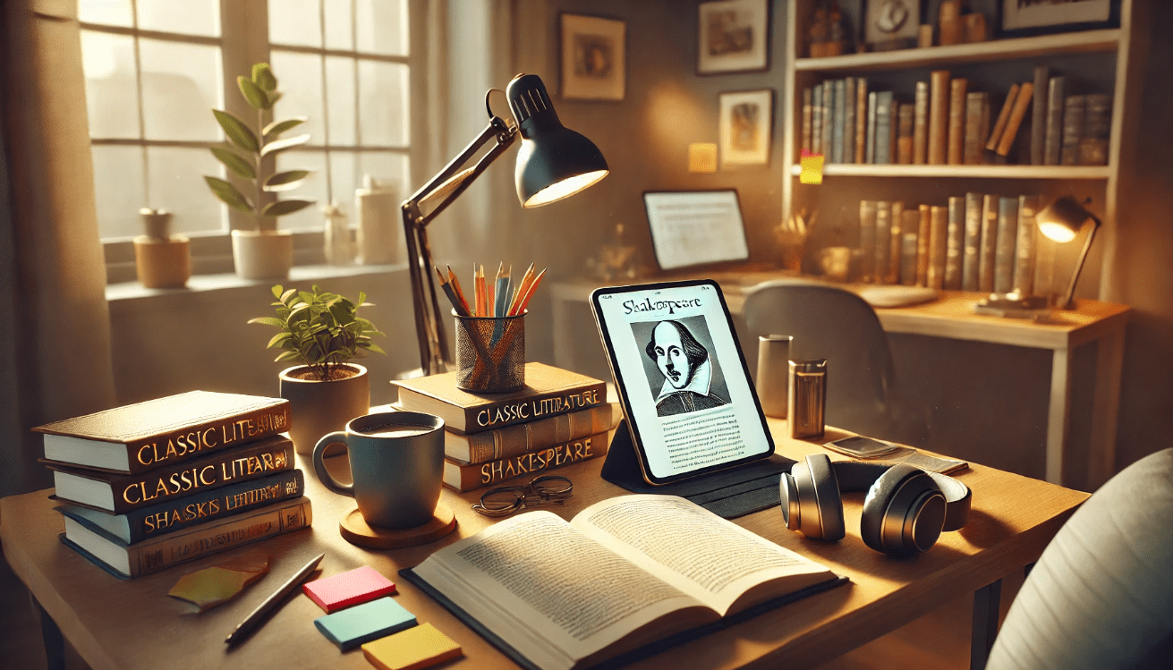 A warm and organized study desk scene in a widescreen format