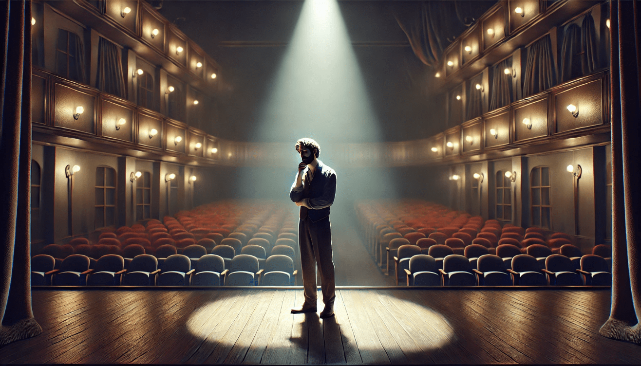 An emotional character stands alone on a dimly lit stage, speaking into the void of an empty theater