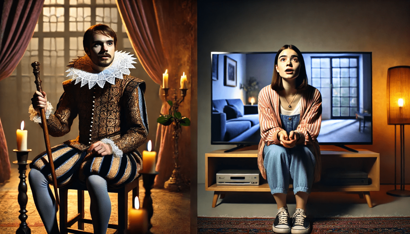 A split-screen image. On the left, a Shakespearean actor in Elizabethan costume performs a soliloquy on a dark stage lit by candlelight, with a sorrowful and doubtful expression.