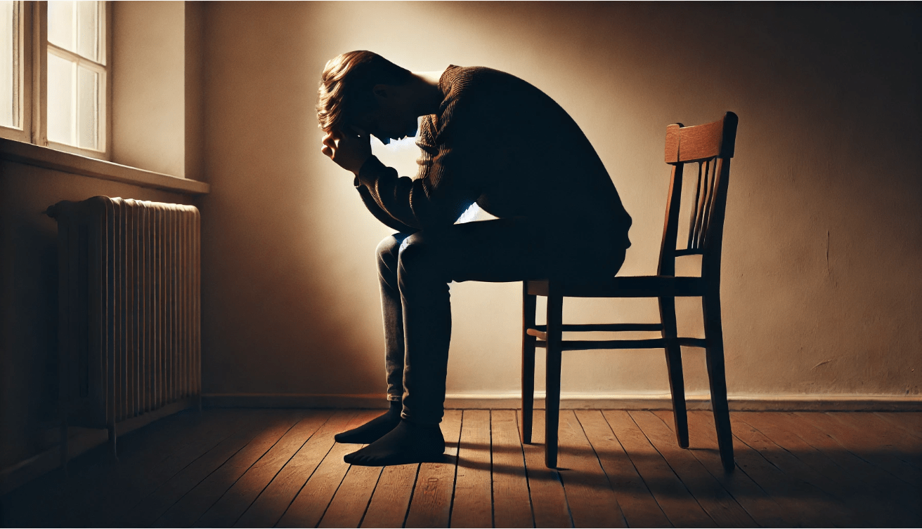 A person sits alone in a minimal, dim room on a plain chair, head in hands, conveying a sense of inner struggle
