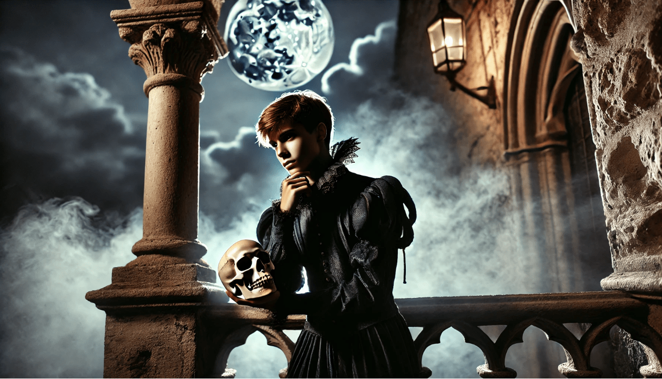 A young man in dark Renaissance clothing stands on a stone castle balcony at night, holding a skull in his hand.