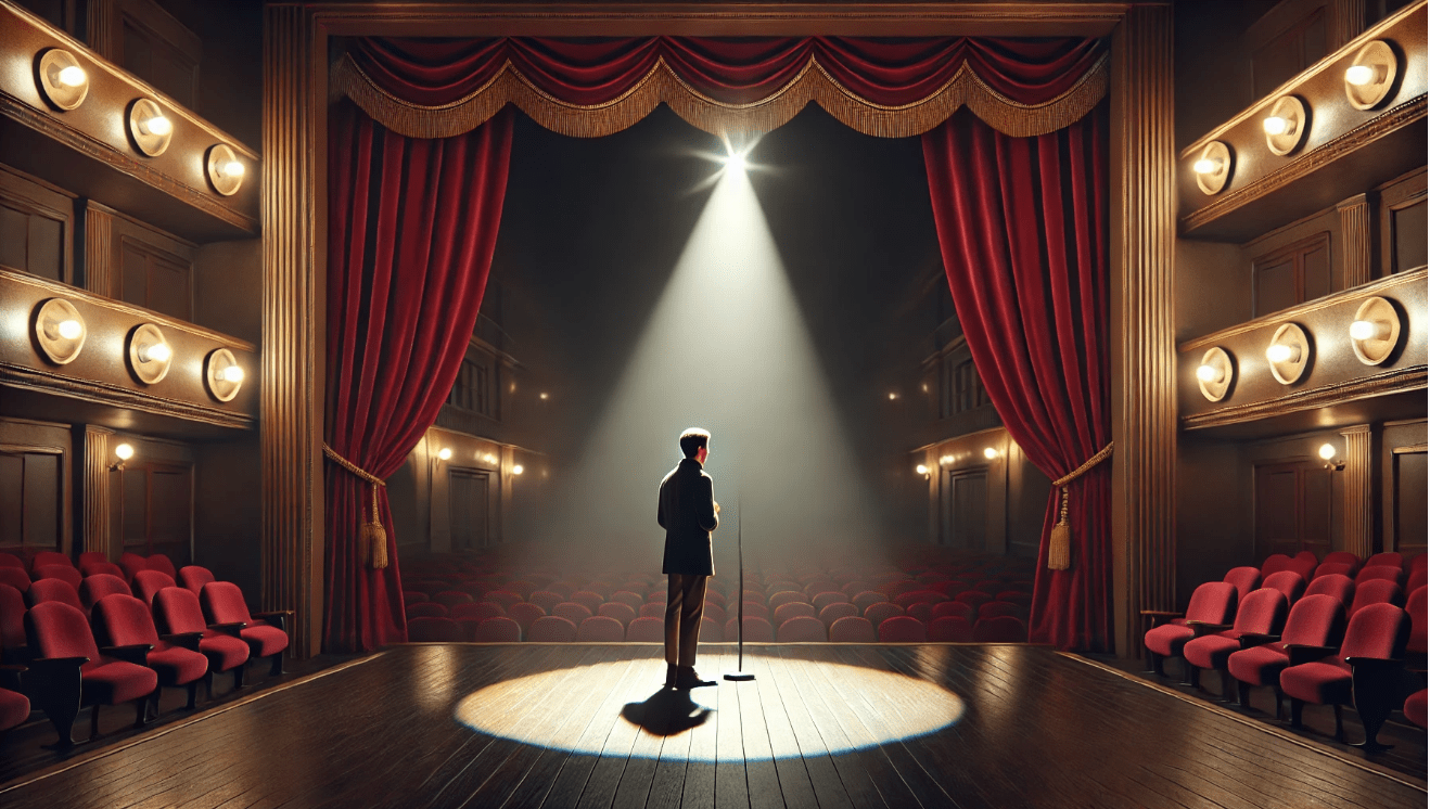 A lone stage actor stands under a bright spotlight at the center of an empty theater stage. The background is dark, evoking introspection and solitude