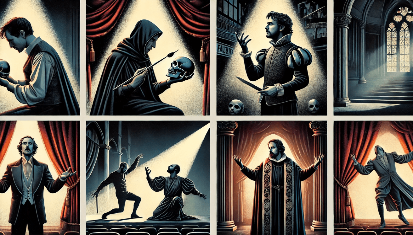 A dramatic collage-style composition featuring four generic classic theater characters delivering soliloquies on a dimly lit stage
