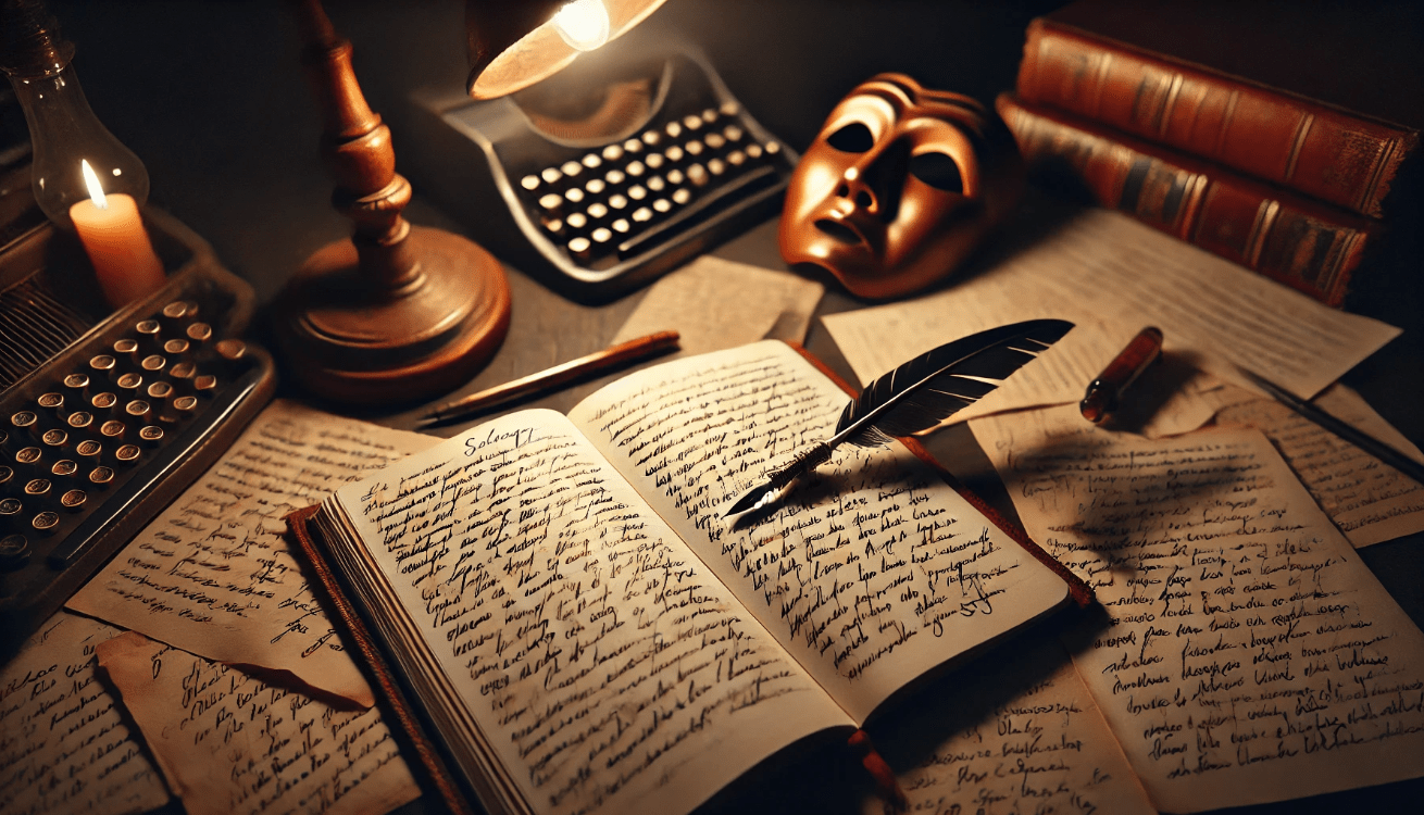 An open notebook lies on a wooden writer’s desk