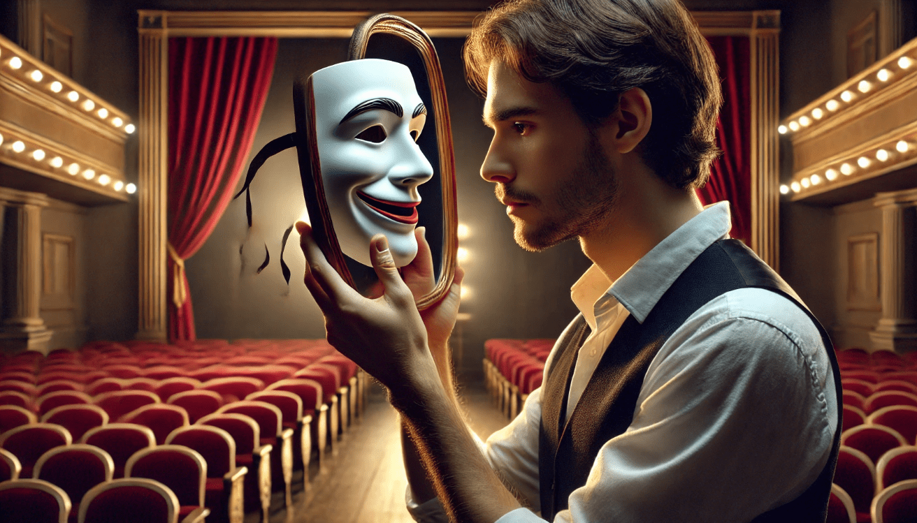 A person stands in front of a mirror, holding a theatrical mask split down the middle—one half smiling, the other crying