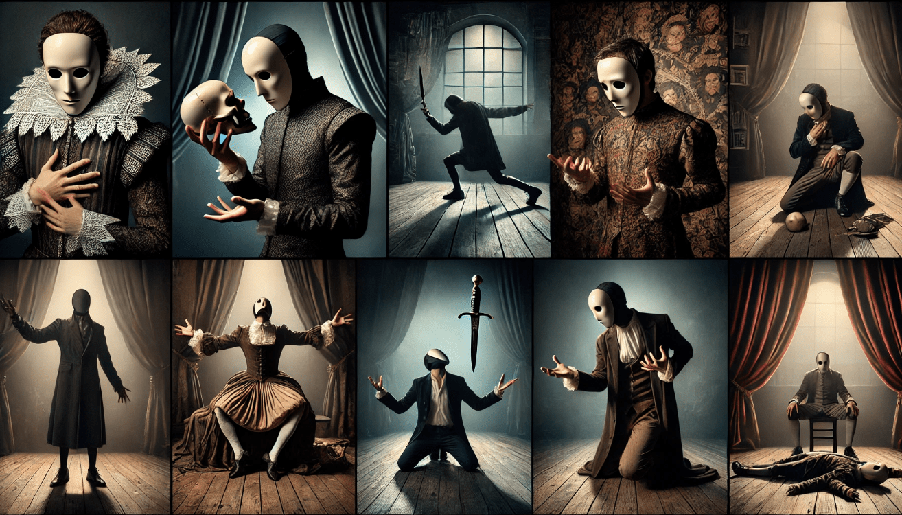 A moody theatrical collage featuring four anonymous classical stage characters