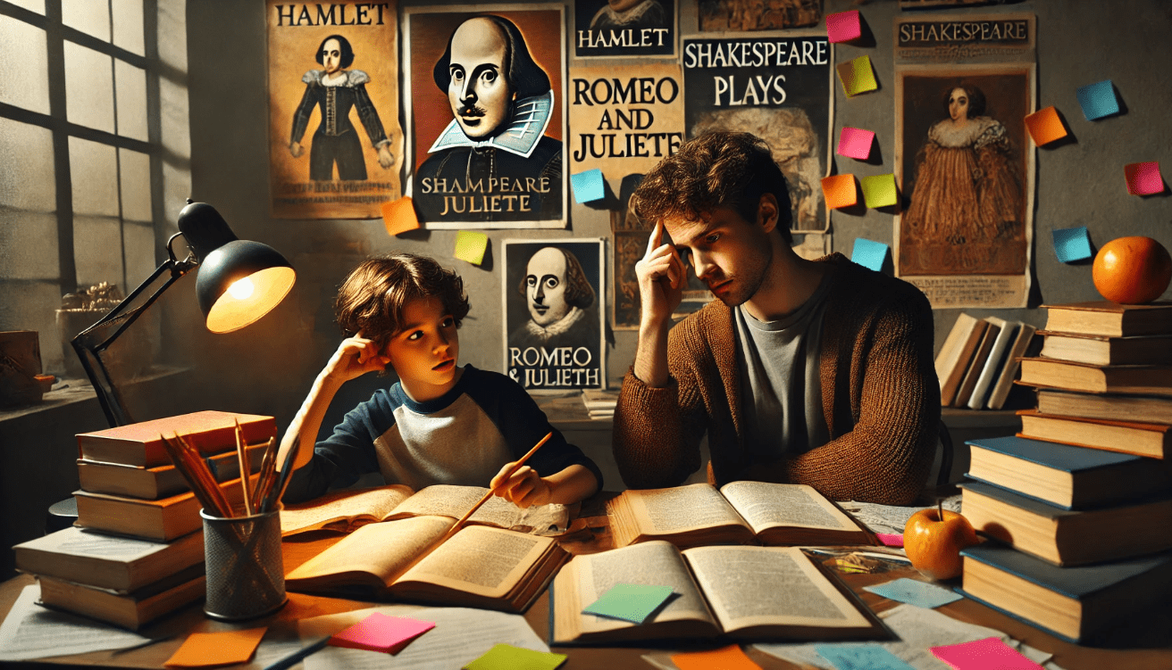 A young student and a young actor sit side by side at a messy table with Shakespeare books, papers, and sticky notes