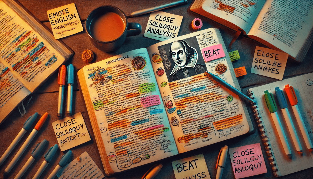 A detailed overhead view of an open Shakespeare script on a desk, with colorful highlights, handwritten modern English paraphrases in the margins, and sticky notes showing emotional cues and beat markings. Beside the script are a cup of tea, pens, and a notebook, evoking a cozy study session focused on soliloquy analysis.
