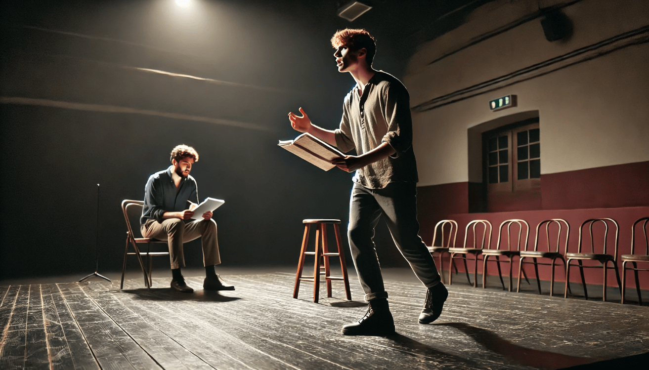 Inside a small theater, a young actor delivers a dramatic soliloquy on a bare stage, lit with focused lighting