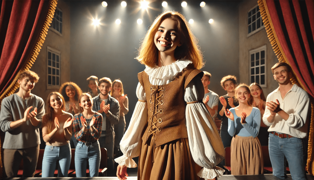 A young performer in simple Renaissance-style attire takes a confident bow on a warmly lit stage after a successful Shakespearean performance.