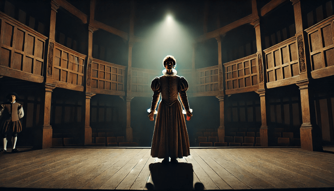 A young man dressed in Elizabethan attire stands alone on a dimly lit wooden stage, holding a skull under a spotlight