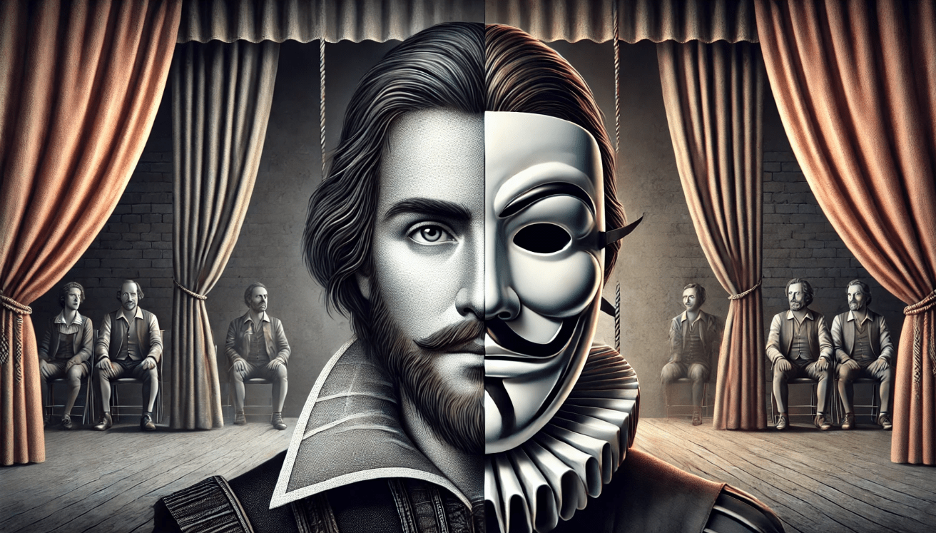 A split-image of a Shakespearean actor on stage, with one side wearing a calm, elegant theatrical mask and the other side showing a bare face filled with intense emotions like sorrow and anger