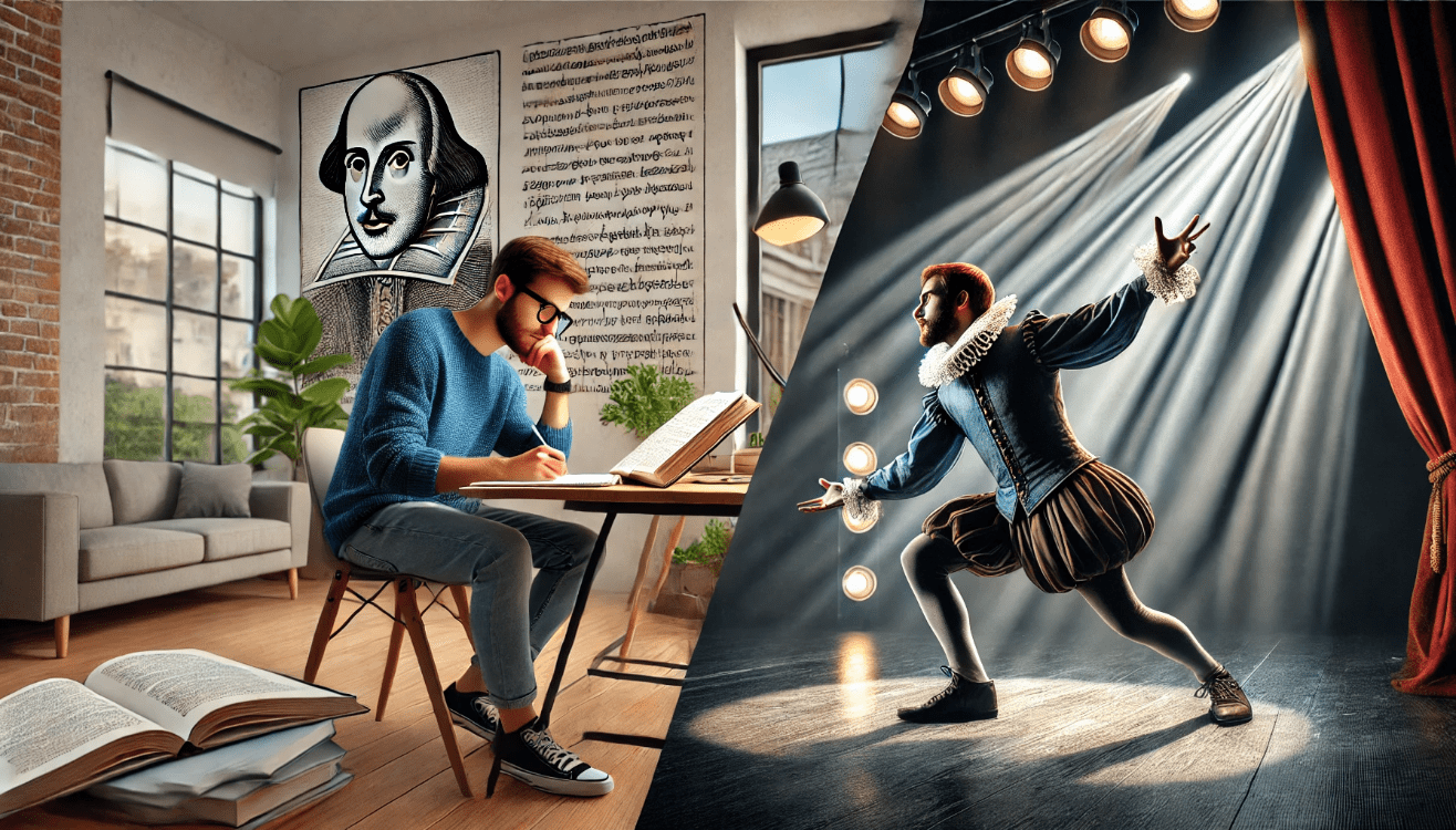 An artistic image showing a modern student engaged in studying Shakespeare at a desk—highlighting and writing notes.