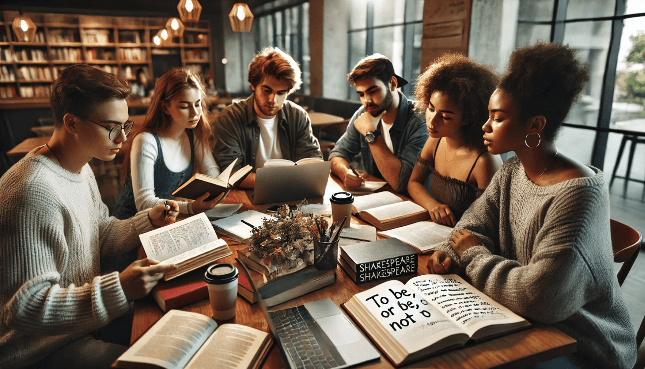 College or high school students studying together at a library table filled with Shakespeare texts and study materials