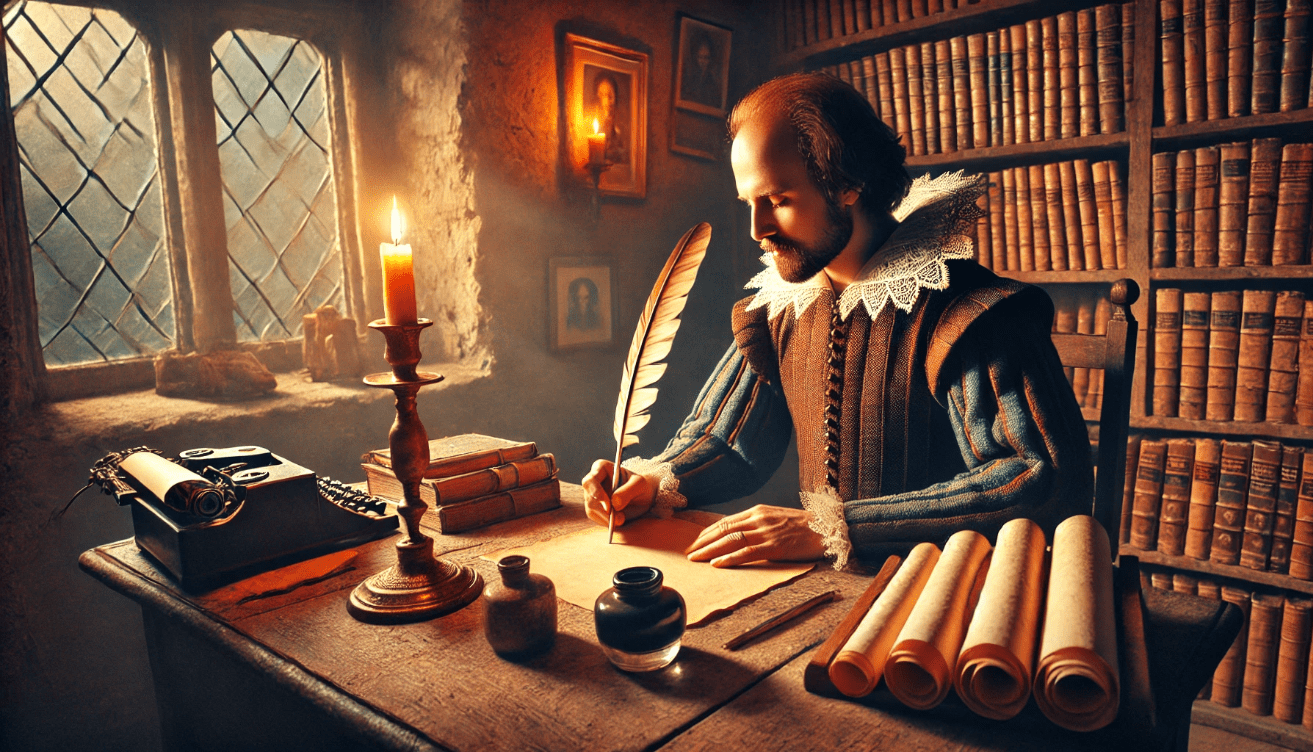 A historical scene depicting William Shakespeare seated at a wooden desk, writing with a quill by the light of a softly glowing candle