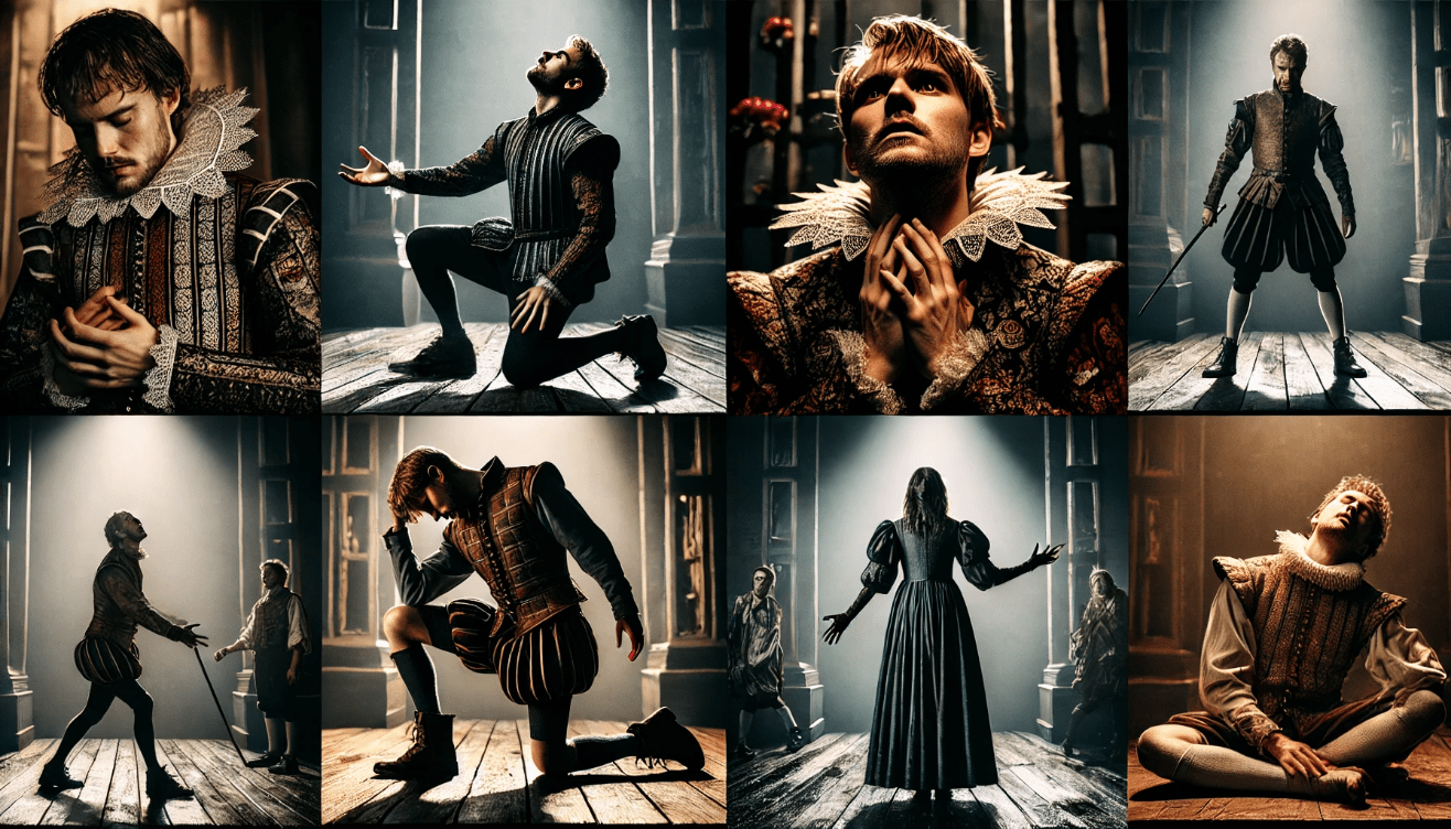 Four emotionally expressive Shakespearean characters are shown in a split collage, each isolated on a dimly lit stage
