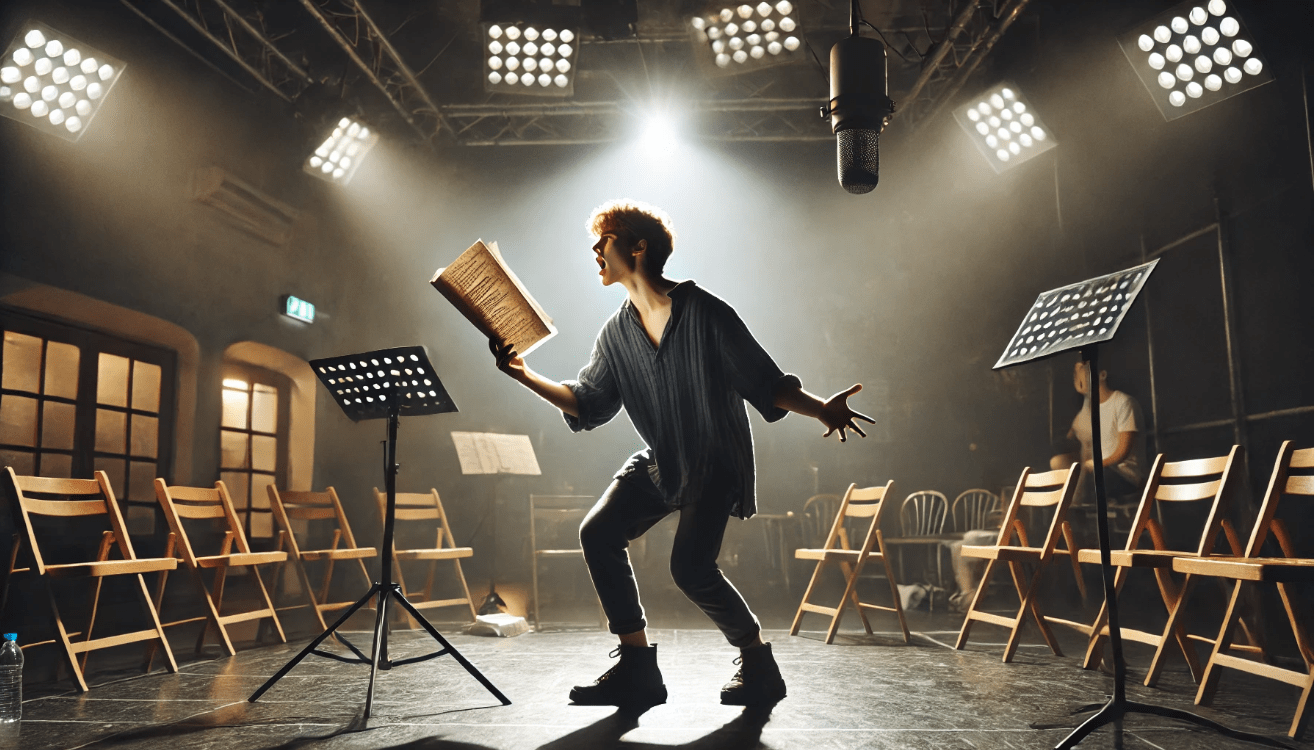 A focused young actor performs under a spotlight on a rehearsal stage, gripping a script and expressing emotion through bold gestures
