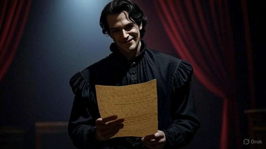 Mysterious male character in dark Renaissance clothing holding a parchment with a sly smirk