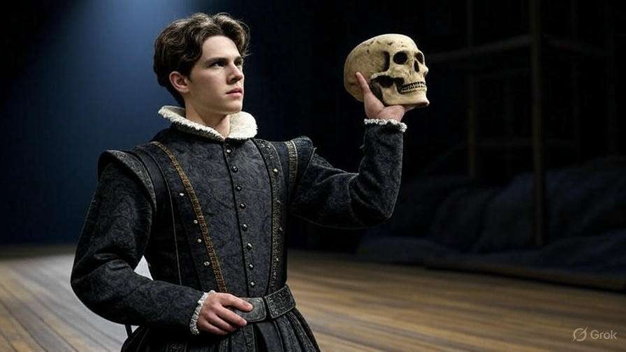 Young male actor in 16th-century Elizabethan costume delivering Hamlet's soliloquy on a wooden stage