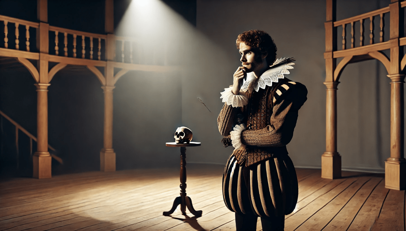 A lone Shakespearean actor in traditional Elizabethan costume stands center stage under a spotlight